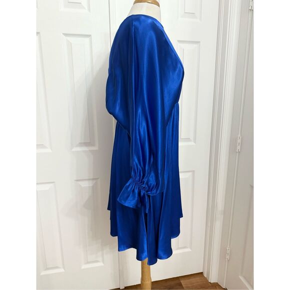 Bognar Blu Womens Blue Solid Satin Ruffle Long Sleeve A-Line Dress Size Large - Picture 3 of 6